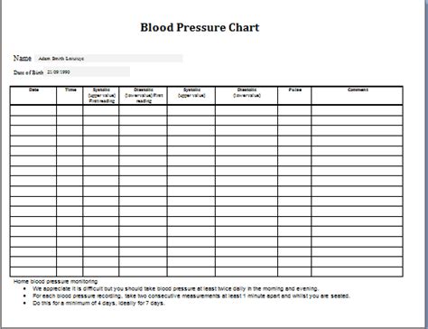 Blood Pressure Charts Find Word Templates