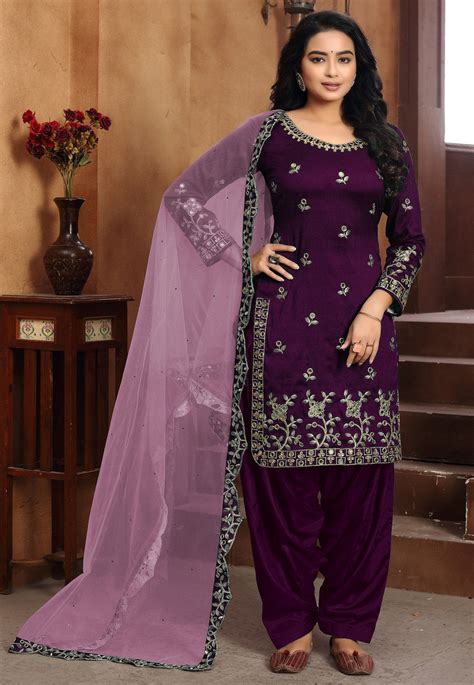 Embroidered Art Silk Punjabi Suit In Dark Purple Kch6031