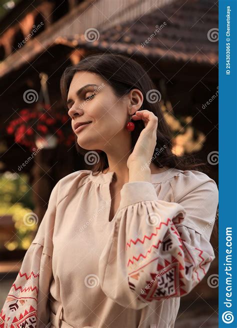 woman wearing embroidered dress in village ukrainian national clothes stock image image of
