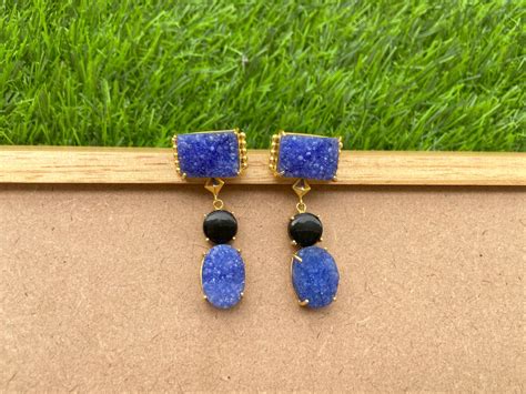 Boho Style Statement Earrings Blue Agate Druzy Dangle Gemstone