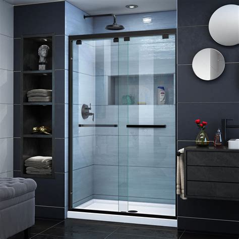 dreamline encore 44 to 48 in x 76 in semi frameless sliding shower door in satin black shdr