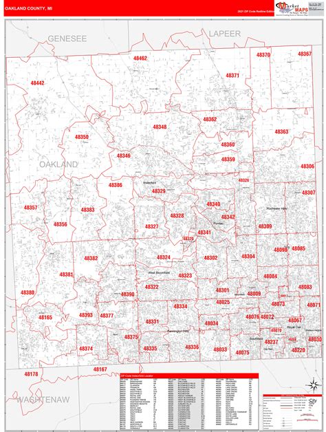 oakland county mi zip code wall map red line style by marketmaps mapsales