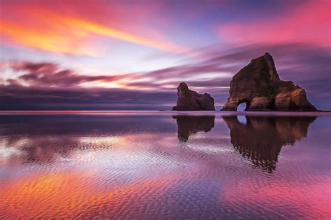 Sunset Reflection On A New Zealand Beach Papel De Parede Hd Plano De