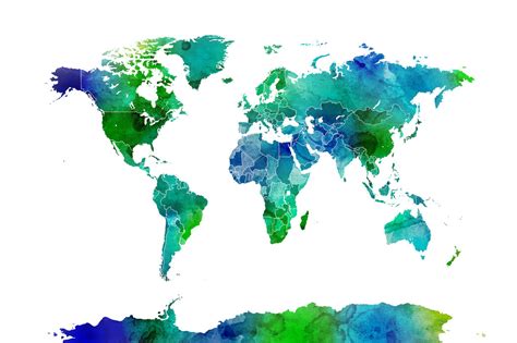 Watercolor World Map Blue And Green Fotomural De Alta Calidad Y Envío