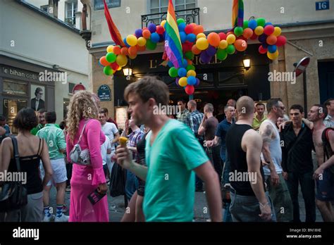 Paris France People Celebrating After Lgtb Gay Pride In The Marais District Local Gay Bars