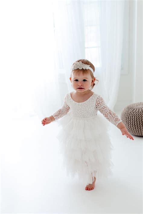 Boho White Lace Flower Girl Dress Toddler Tulle Long Sleeve Etsy