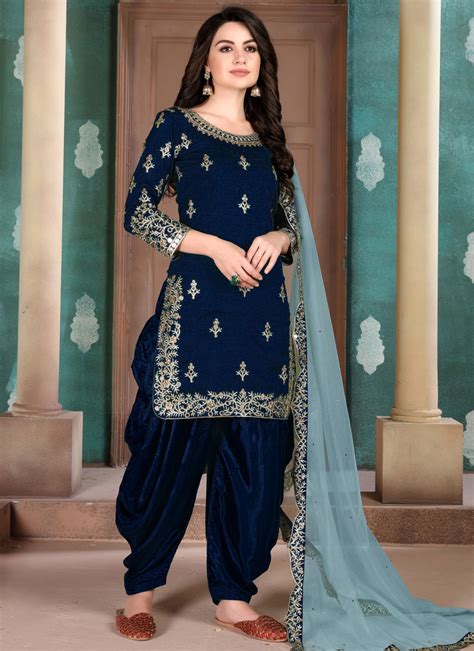Buy Online Designer Salwar Kameez Resham Art Silk In Navy Blue 151871
