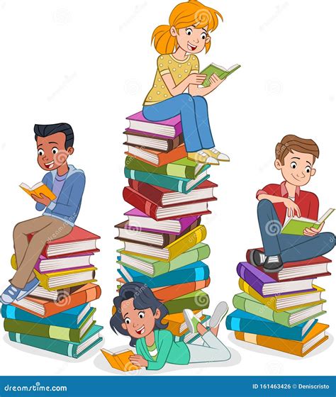 Teenagers Reading Books Students Over Piles Of Books Stock Vector