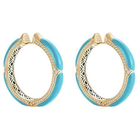 Karat Yellow Gold Turquoise Paste And Diamonds Hoop Earrings For