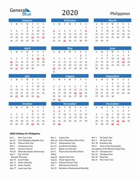 Philippines 2020 Calendar With Holidays