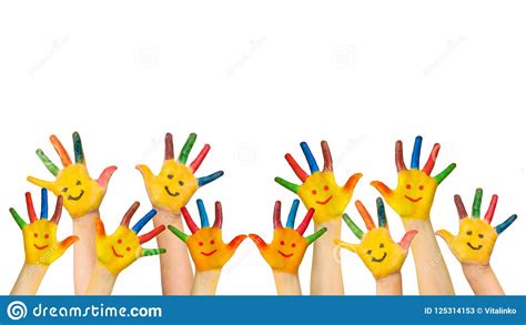Group Of Happy Children Raises Hands Up Stock Image Image Of Kids