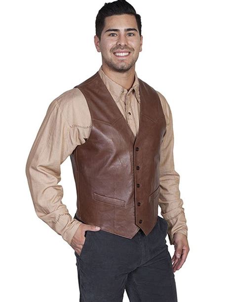 Scully Western Vest Mens Lambskin Leather Button 50 Reg Brown 503