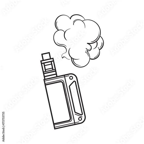 Hand Drawn Vape Vaping Device With Smoke Cloud Black And White Sketch