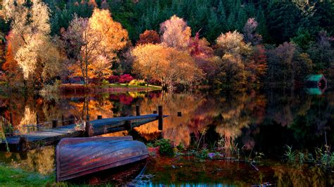 1920x1080 Autumn Landscape Lake Trees Forest Houses Boat Nature