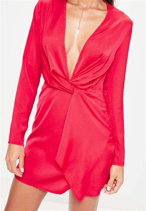 Lyst Missguided Silky Plunge Wrap Shift Dress Red In Red