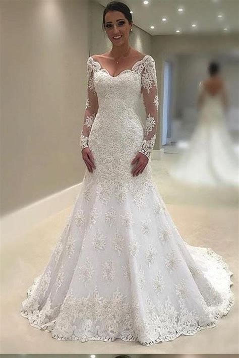 Buy affordable wedding dresses uk? Elegant Lace V Neck Neckline Mermaid Long Sleeve Wedding ...