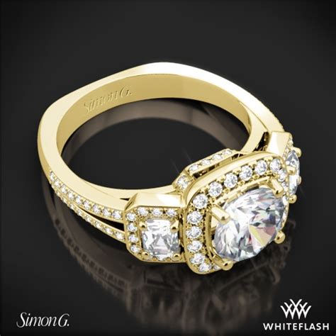 Simon g 18k white gold diamond wedding band. Simon G. TR446 Three Stone Passion Halo Diamond Engagement Ring | 3570