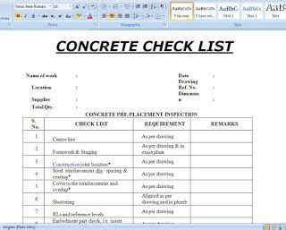 Adhesive anchors inspection checklist for concrete and masonry periodic special must be performed where required in accordance with section 1705.1.1 and table 1705.3 of the 2012 ibc, or section 1704.15 of the 2009 ibc and table 1704.4 or section 1704.13 of the 2006 or 2003 ibc, whereby periodic concrete checklist spreadsheet doc in 2020 | Concrete mix ...