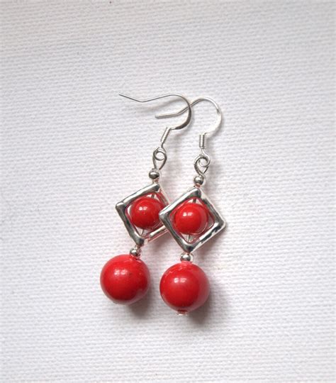Red Coral Dangle Drop Earrings Christmas Gift For Her Gemstone Etsy