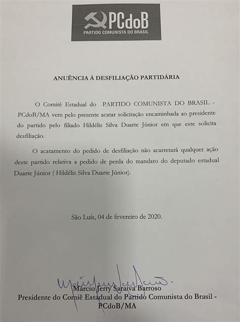 Confira A íntegra Da “carta De Anuência” Do Pcdob A Duarte Júnior