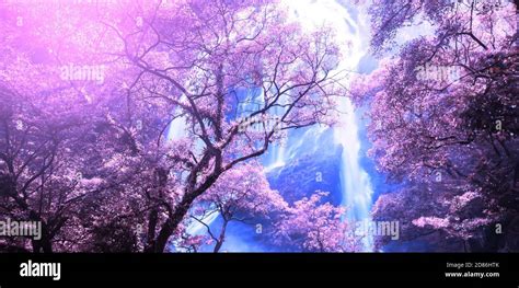 Bright Autumn Forest And Waterfall At Sunrise Creative Purple And