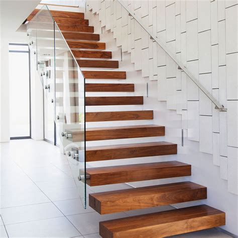 Invisible Stringer Wooden Floating Staircase Tempered Glass Panel