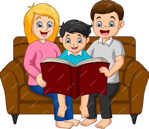 Familia Feliz De Dibujos Animados Leyendo Un Libro Vector Premium