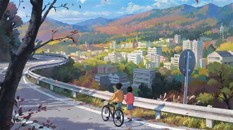 Wallpaper Digital Art Anime Cartoon City Bicycle Couple People