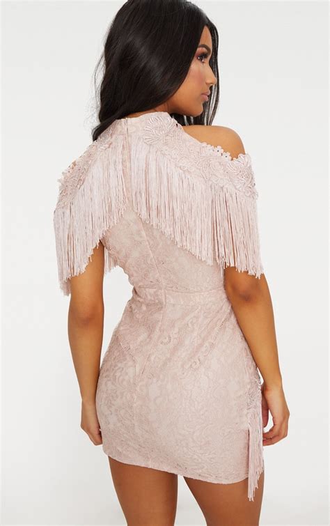 Dusty Pink Cold Shoulder Lace Tassel Trim Bodycon Dress