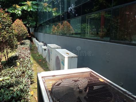 A Row Of Outdoor Unit Components In The Air Conditioner In The Campus