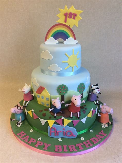 Large 100 Portion 3 Tier Peppa Pig Theme 1st Birthday Cake For Aria