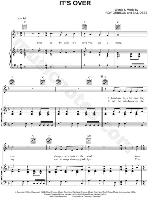 Roy Orbison Its Over Sheet Music In F Major Download And Print Sku