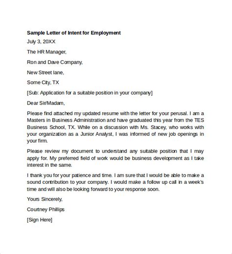 Letter Of Intent For Employment Templates To Download Sample Templates
