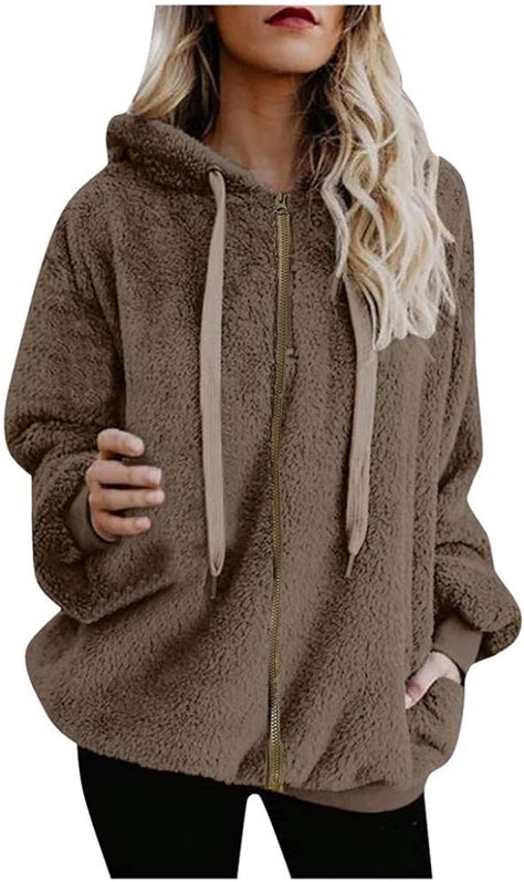Womens Plus Size Fleece Full Zip Hoodie Casual Furry Jacket Baggy