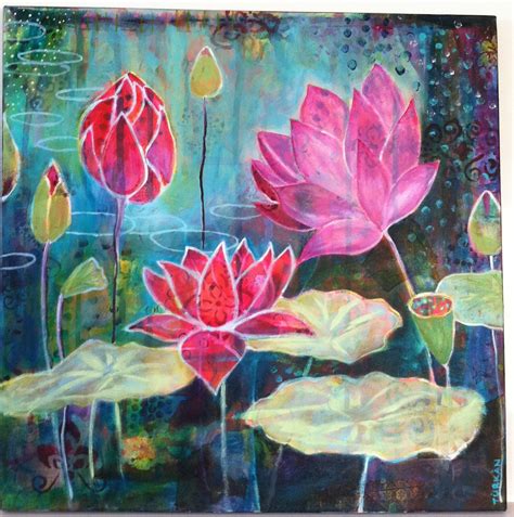 Lotus Pond Mixed Media On Canvas 24x24 Lotus Art Lotus Painting