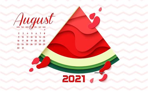 August 2021 Calendar 2021 Summer Calendar Watermelon Creative Art