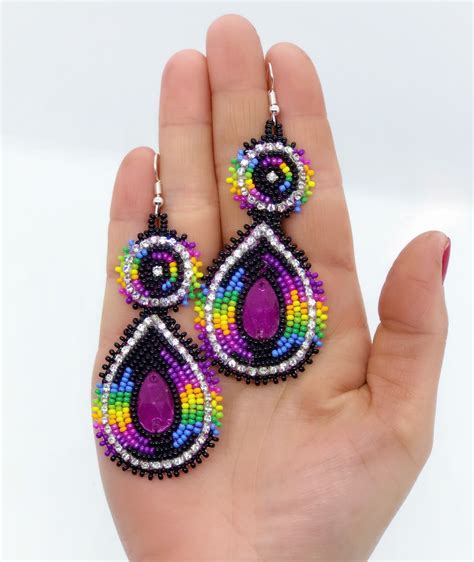 Beaded Earrings Native American Purple Rhinestones Handmade