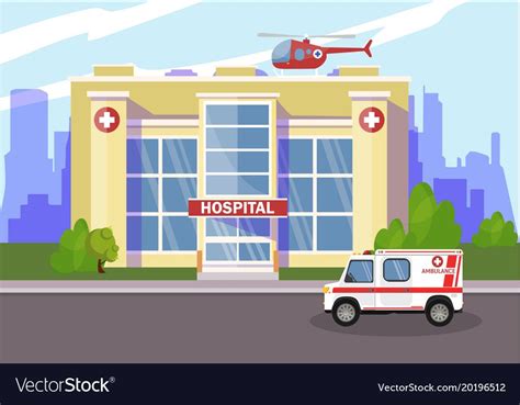 The Ambulance Opposite The Of The Hospital Vector Illustration