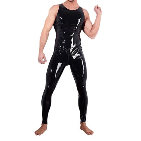 Men Pvc Leather Latex Catsuit Bodysuit Black Shiny Erotic Sleeveless Zip To Crotch Bodysuits