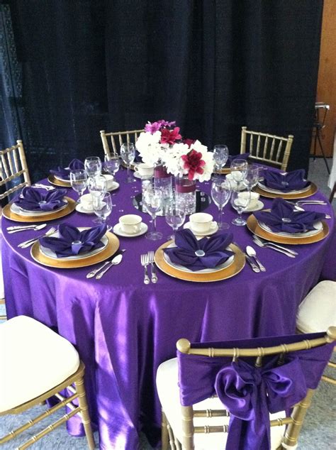 The table set gives you modern, efficient decor with a practical design made to last. Purple and gold table setting. #purplewedding #goldpurple ...