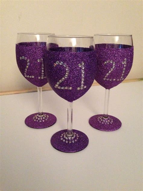 3 21st Cadbury Purple Glittered Wine Glasses Using Mod Podge Gloss With Sequin Detailing Diy