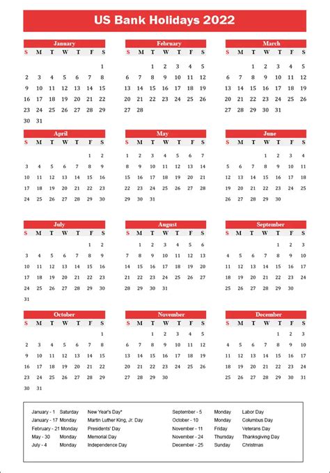 Printable Yearly Calendar With Us Bank Holidays 2022