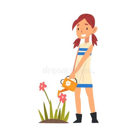 Cute Smiling Girl Watering Flowers In The Garden With Watering Can Vector Illustration Stock