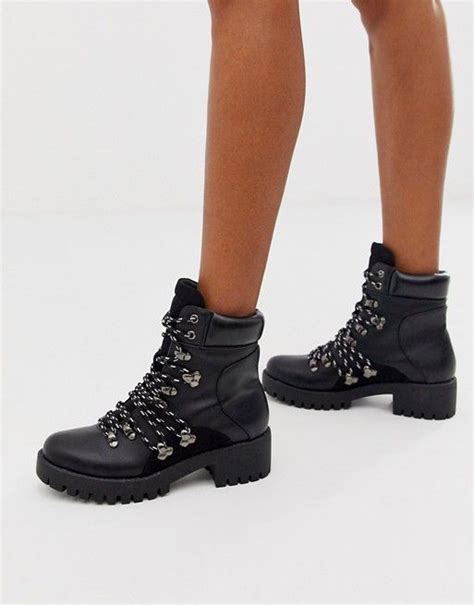 missguided chunky hiking ankle boot with contrast laces in black asos black block heel