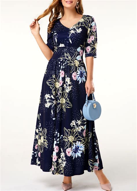 V Neck Flower Print Half Sleeve Maxi Dress Rosewe Com USD 34 79
