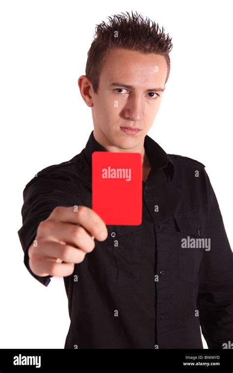 A Young Handsome Man Shows Someone A Red Card All Isolated On White