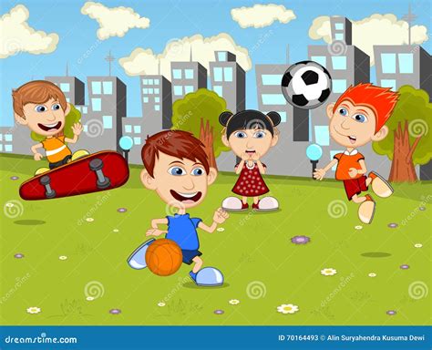 Kids Playing Soccer In The Park Cartoon Vector Illustration