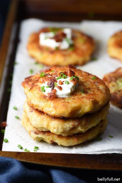 (if your mashed potatoes are a little runny, add flour one tablespoon at a time until you can form dough balls.) working in batches, scoop heaping tablespoons of mixture and drop into hot oil. Loaded Mashed Potato Cakes - Belly Full