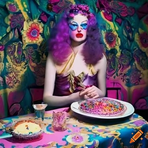 iridescent 1940s alien woman feasting on cake in a luxurious bedroom surrounded by psychedelic