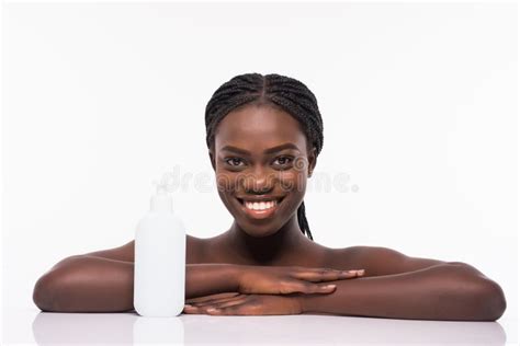 Beautiful African Woman Face Spray On Face Lotion Cosmetology On White Background Stock Photo